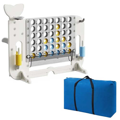 4-to-Score Giant Game Set, 4-in-1 Indoor Outdoor Yard Family Connect Game (4-in-a-Row + Basketball + Ring Toss + Mini Golf), Height Adjustable 2.5–3.3FT, Includes Carry Bag - size: 56"x19"x49"-White&Gray