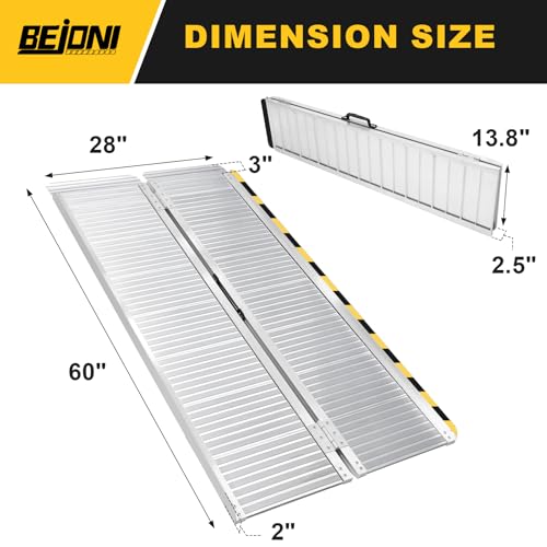 BEJONI 5FT Portable Wheelchair Ramp with Handle, 28'' Wide, Sliver | Aluminum Folding Handicap Ramp, 600 Lbs Capacity Non-Skid Wheelchairs for Home Steps, Thresholds, Doorways, Front Porch - size: 5FT x 28'' W