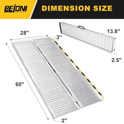 BEJONI 5FT Portable Wheelchair Ramp with Handle, 28'' Wide, Sliver | Aluminum Folding Handicap Ramp, 600 Lbs Capacity Non-Skid Wheelchairs for Home Steps, Thresholds, Doorways, Front Porch - size: 5FT x 28'' W