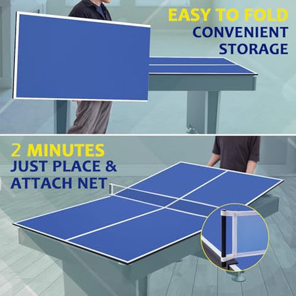 Ping Pong Table Topper for Pool Table, Foldable Ping Pong Table Top with Net Set, Portable Table Tennis Conversion Top Includes Foam Padding for Protection, Easy Conversion - color: 7 ft-Blue
