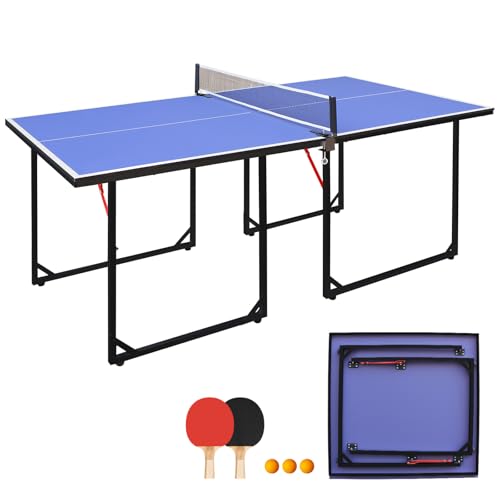 4.5FT/6FT/9FT Foldable Ping Pong Table Indoor MDF Portable Table Tennis Table with Quick Clamp Net,Family Game Tables for Kid Teenager Adult - color: 6FT-Blue Table, size: 6FT(72*36 IN)