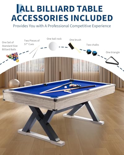 7 FT Professional Billiard Table for Home & Game Room, K-Leg Pool Table with Complete Accessories Set (2 Cues, 16 Balls, 2 Chalks, Triangle, Brush), Rustic Grey Finish, 84 x 46 x 32 Inch - color: blue
