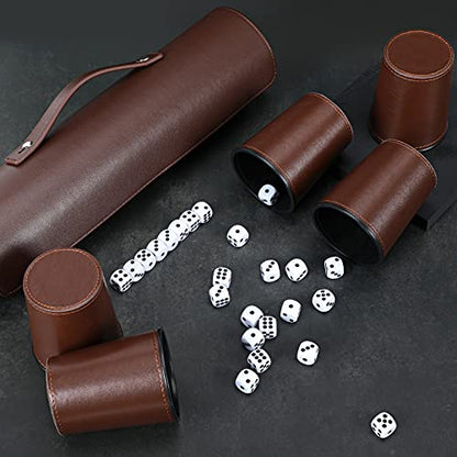 Leather Dice Cup Set, 5 Black Dice Cups + 25 Dices + Exclusive Storage and Transport Case Made of Faux Leather (Brown x2) - color: Brown X2