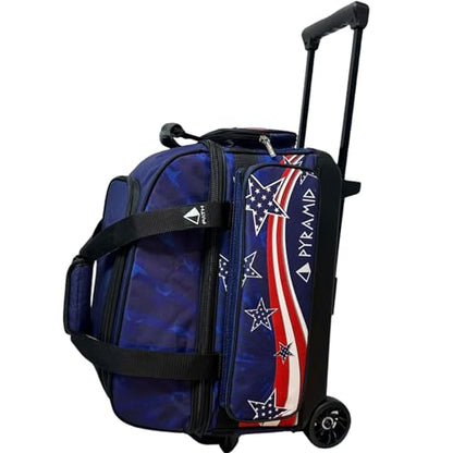 Pyramid Deluxe Double Roller 2 Ball Bowling Bag with Large Separate Shoe Compartment (Up To 2 Pairs Of Shoes) and Accessory Pockets, Sturdy Square Handle - Extends to 40" - Pro Options Available - color: Pro Stars & Stripes