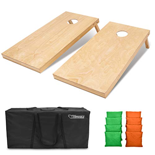 GoSports Regulation Size Wooden Cornhole Set with Natural Wood Finish - Includes Carrying Case - color: Bright Green & Orange