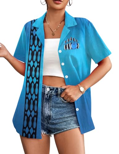 Bowling Shirts Women Hawaiian Bowling Shirt Bowling Lover Gift Tops Bowler Button Down Short Sleeve Tee - color: Blue-k, size: Medium