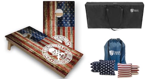 Tailgating Pros Tournament Grade American Themed Cornhole Board Set w/Built-in Multicolored Lights, Bean Bags, and Carrying Case - 4'x2' Cornhole Toss - color: 2nd Amendment