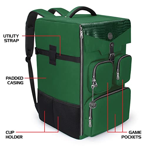 ENHANCE Collector's Edition Board Game Backpack - Reinforced Rigid Board Game Storage with Padded Shoulder Straps, Carrying Handle, and Accessories Pockets for Dice, Card Games, More (Dragon Green)