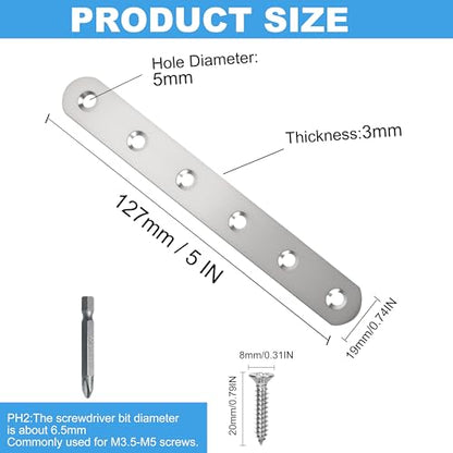 8 Pack Straight Brace,Flat Brace 5” x 0.75”,Stainless Steel Flat Metal Braces,Repair Bracket with Screws - size: 127mm/8 Pcs