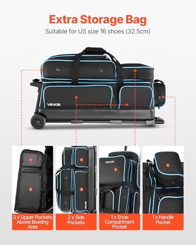 VEVOR Bowling Ball Bag, 3 Ball Double Roller Bowling Bag with Wheels, Featuring a Separate Compartment for Shoes (Up To US Size 16) & Oversized Accessory Pocket, Retractable Handle Extends to 41.34 in - style: Black-blue