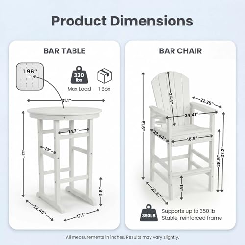 Patio Bar Tables Set of 3, HDPE Outdoor High Top Table and Chairs Set Height Table Chairs Adirondack Bar Set for Garden, Backyard, Yard, Pool, Balcony, White - color: Ø31.1" Bar Set of 3, White