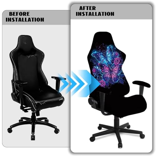 Suobstales Butterfly Rose Pattern Gaming Chair Covers with Armrest Covers, Elastic Computer Chair Slipcovers Stretchable Washable Gaming Chair Seat Cover - color: Butterfly Rose