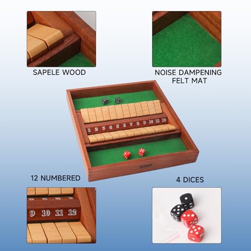 GSE Games & Sports Expert 2-Player Wooden Shut The Box 12 Numbers Dice Game Board with Red/Black Dice. Classic Tabletop Version of The Popular English Pub Game