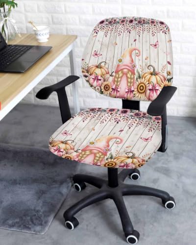 Savannan Office Chair Cover, Cute Pink Gnome Pumpkin Floral Protective Stretch Elastic Universal Cover for Desk Task Chair,Computer Rotating Chair 1 Pcs Retro Wood Board