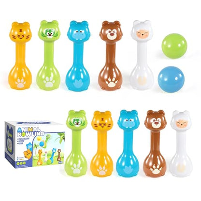 Mini Toddler Bowling Set Ages 1-5 with 10 Plastic Pins (5 Forest Animals) and 2 Balls, Lightweight Indoor Montessori-Inspired First Birthday Gift for Toddler Boys Girls