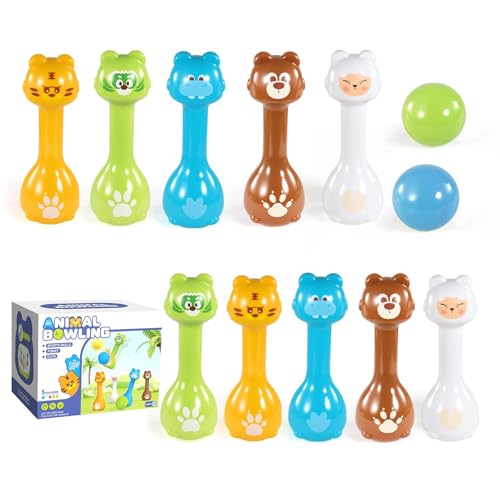 Mini Toddler Bowling Set Ages 1-5 with 10 Plastic Pins (5 Forest Animals) and 2 Balls, Lightweight Indoor Montessori-Inspired First Birthday Gift for Toddler Boys Girls