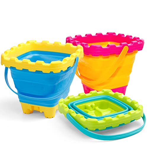 3L Jumbo Foldable Buckets, Castle Sand Beach Toy Silicon Pails For Kids Adults, Collasible Water Bucket Sandbox Kit Multi Use Summer Essential For Travel Cleaning, Camping, Picnic, Fishing 3 PCS - style: Foldable Castle