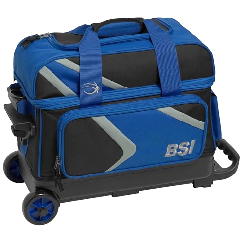 BSI Dash Roller Bowling Bag with Smooth Rolling Wheels, Padded Ball Compartment, Retractable Locking Handle, & Shoe Pocket - color: Black/Blue/Gray, style: Double