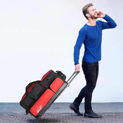 WOLT 3 Ball Bowling Bags with Wheels,Bowling Ball Bag 3 Ball Roller with Separate Shoe Compartment and Accessory Pocket, Retractable Handle Extends to 38’’ - color: red