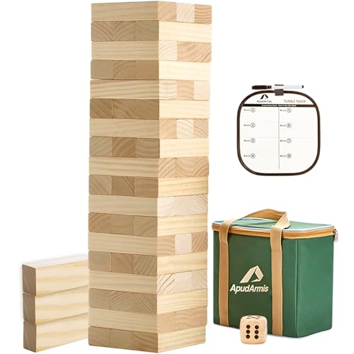 ApudArmis 54 PCS Tumble Timber Set [Up to 3.2FT], Pine Wooden Tumble Tower Game with Dice and Scoreboard Set - Classic Block Stacking Board Game for Teens Adults - color: Burlywood, size: M-Stack to 3.2 FT