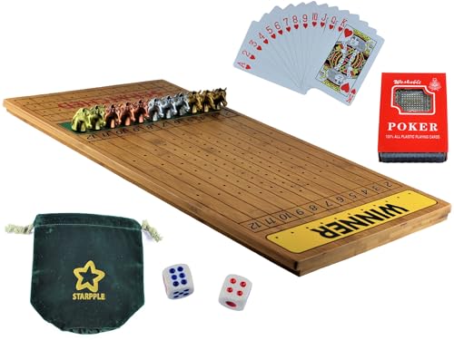 Metal Horse Race Board Game Set with Horse Racing Thick & Solid Wood Game Board(22"/Dark),11 Luxurious with 4 Antique(Gold,Silver,Red Cooper&Bronze) Metal Craft Horses, Dice&Cards (HR-F654) - color: Hr-f654