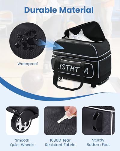 2 Ball Bowling Bag with Wheels, Bowling Bags 2 Ball Roller - 1680D Reinforced Oxford, Bowling Ball Bag with Separate Shoe Compartment & Retractable Handle Extends to 40'' - color: Black and White