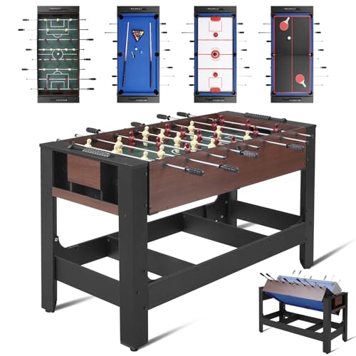 RAYKEEP 54" 4-in-1 Swivel Multi-Game Table -Combo Game Table Set for Kids, Adults - Indoor and Outdoor Arcade Sports Table - Air Hockey, Billiards, Foosball, Ping Pong for Home, Game Room - color: Red-brown wood grain