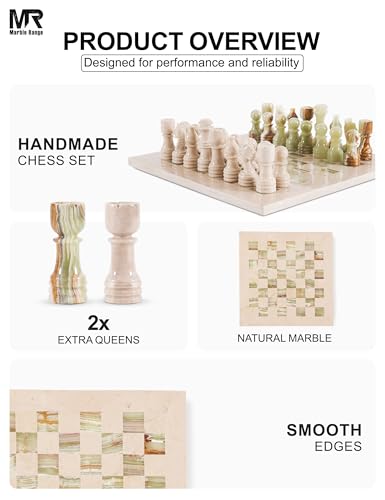 Marble Chess Set 12" Inches Verona and Green with Storage Box and 2 Extra Queen Handmade Classic Board Games for Adults, Luxury Chess Board & Marble Chess Set for Adults - color: Verona & Green