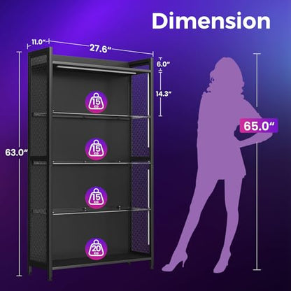 AODK Display Case with LED Lights, Display Cabinet with Glass Storage Shelves and Industrial Metal Mesh, 4-Tier Display Shelf for Collectibles, Curio Cabinet with Open Shelf, Black Book Shelf - color: Black