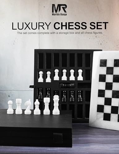 Marble Chess Set 12" Inches White and Black with Storage Box and 2 Extra Queen Handmade Classic Board Games for Adults, Luxury Chess Board & Marble Chess Set for Adults - color: White & Black