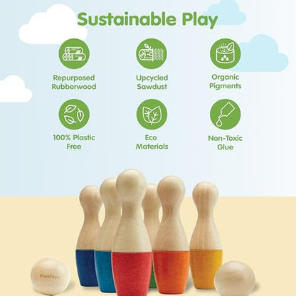 PlanToys® Bowling Set Wooden Montessori Gross Motor and Coordination Toy | Movement, Concentration and Early Math Learning Activity | Eco Friendly Indoor and Outdoor Bowling Game
