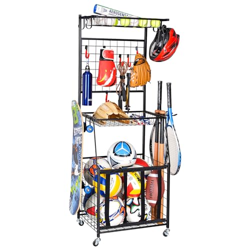 PLKOW Sports Equipment Storage for Garage, Indoor/Outdoor Sports Rack for Garage, Ball Storage Garage Organizer with Basket and Hooks,Toy/Sports Gear Storage - color: Black, 21.3"L x 15.8"W x 59"H