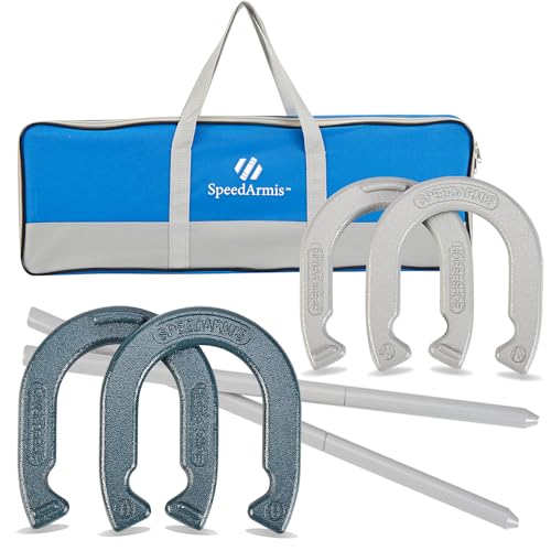 SpeedArmis Horseshoes Outside Game Set - Universal Size Lawn Horseshoes Outdoor Games for Parties Beach Backyard, Includes 4 Horseshoes, 2 Steel Stakes and Durable Carrying Bag - color: Blue and Silver