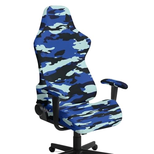 Blue Camo Gaming Chair Cover Cat Scratch Proof Non Slip Stretchable Gaming Chair Covers Slipcovers Attached Arms Breathable Washable Swivel Armchair Slipcovers of Computer Video Game Office - color: Blue Camo