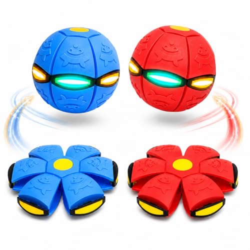 2 Pack LED Light Up 6-Lights Magic Bouncing Ball Toy, Transforming Flying Disc Ball, Pop-Up Rebound Ball, Outdoor Toss & Catch Interactive Sports Game for Backyard Play