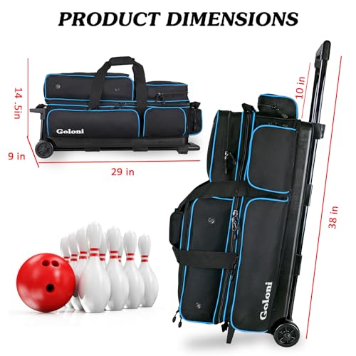 Goloni 3 Ball Bowling Bags with Wheels - Rolling Bowling Bag for 3 Balls & Accessories - Retractable Handle Extends to 38 - color: Blue