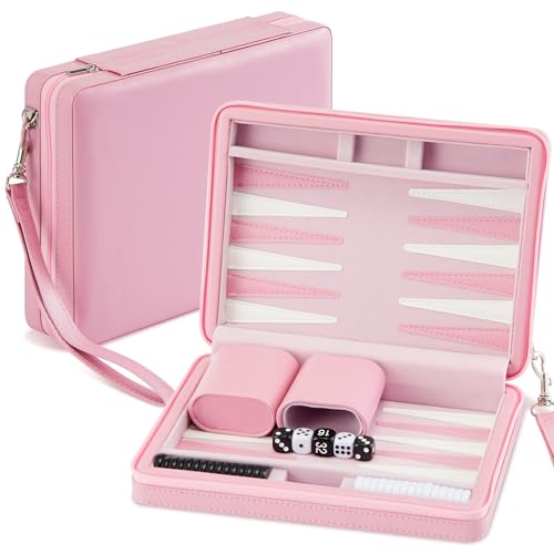 Jerify Travel Backgammon Set Board Games for Adults Portable Backgammon 9.4 x 7.1 inches Leatherette Case Classic Strategy Game for Families Companion Airplane, Camping(Pink) - color: Pink