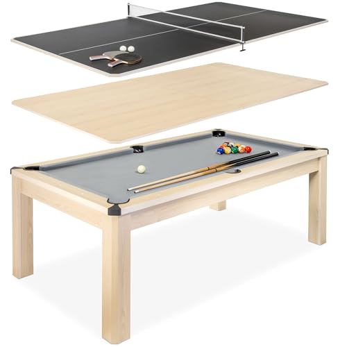 GoSports 3 in 1 Pool, Dining, & Table Tennis Combo Table and Storage Benches - 7 ft or 8 ft - Convertible Billiards and Table Tennis with Accessories - color: 7 ft Light Birch Table