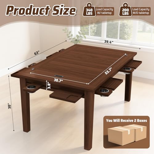 Haddockway Board Game Table with Adjustable Led Lights, 53.7in x 30.7in Play Area Removable Table Top Dining/Gaming Table with Charge Station, Play Mat, 6 Cup Holders & Trays (Black Walnut) - color: Blackwalnut With Led Light