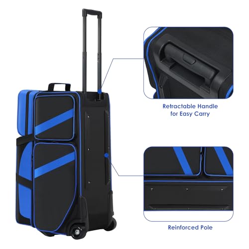 3 Ball Bowling Bags With Wheels,Bowling Bags 3 Ball Roller With Shoes Compartment And Multiple Pockets,3 Ball Bowling Bag has Retractable Handle Extends to 41.5 in - color: blue