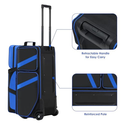 3 Ball Bowling Roller Bag with Smooth Wheels & Shoe Compartment, Heavy Duty 3 Ball Bowling Bag with Retractable Handle, Large Capacity Bowling Bag with Multi-pockets for Tournament, Travel, League - color: Blue