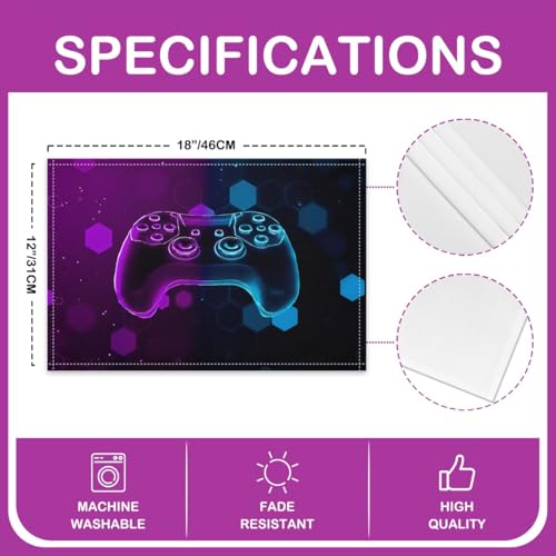 Erosebridal Gamepad 4 PCS of Placemats 12x18 Game Controller Place Mat for Dining Table Boys Honeycomb Hexagon Non Slip Table Mats Modern Spots Purple Blue - color: Purple Blue