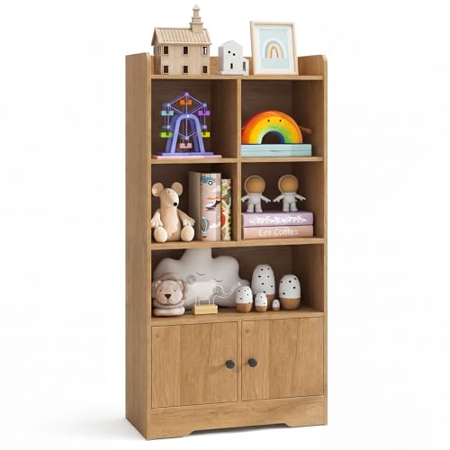 Costzon Kids Toy Storage Cabinet, 47.5" Tall Bookcase with 5 Open Compartments & 2 Doors, Multifunctional Display Shelf Toy Organizer for Playroom, Nursery, Bedroom, Living Room, Study (Natural) - color: Natural
