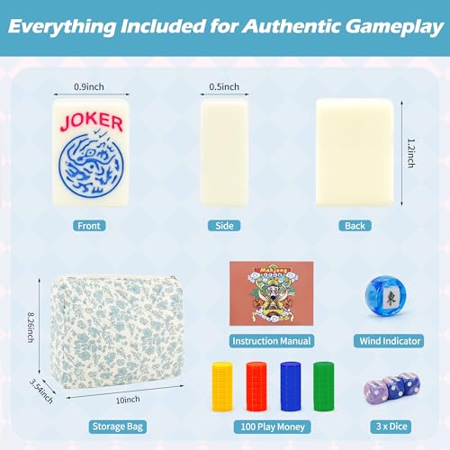 Jolitac American Mahjong Game Set, 166 Premium Tiles, 1.2-inch Mahjong Tile Set with Sturdy Carrying Bag, Thickened Mah-Jongg Tiles Bag Portable Travel Complete Mahjong Set - color: Blue & White