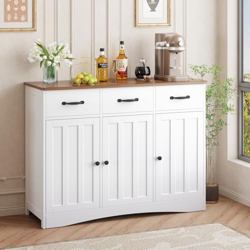 Gizoon Farmhouse Sideboard Buffet Cabinet, 42.5'' Kitchen Storage Cabinets with 3 Drawers and Barn Doors, Wood Coffee Bar Cabinet with Adjustable Shelf for Kitchen, Dining Room, Living Room, Retro - color: Retro, size: 42.5"W