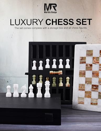 Marble Chess Set 12" Inches White and Green with Storage Box and 2 Extra Queen Handmade Classic Board Games for Adults, Luxury Chess Board & Marble Chess Set for Adults - color: White & Green Onyx