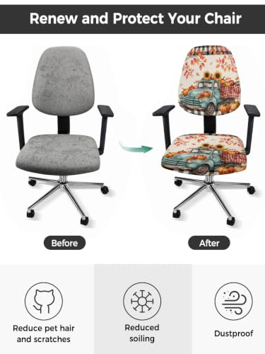Savannan Office Chair Cover, Autumn Pumpkin Sunflower Leaf Protective Stretch Elastic Universal Cover for Desk Task Chair,Computer Rotating Chair 1 Pcs Retro Shabby Truck Linen Plaid