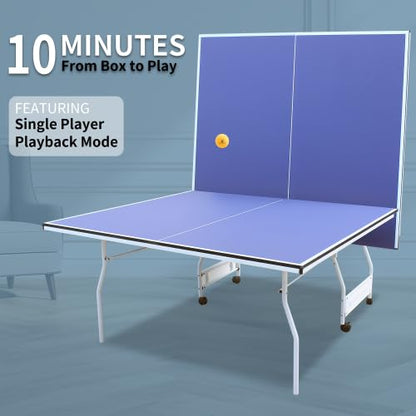 8ft Mid-Size Table Tennis Table Foldable & Portable Ping Pong Table Set for Indoor Games with Net, 2 Table Tennis Paddles and 3 Balls - style: 9ft Mid-Size