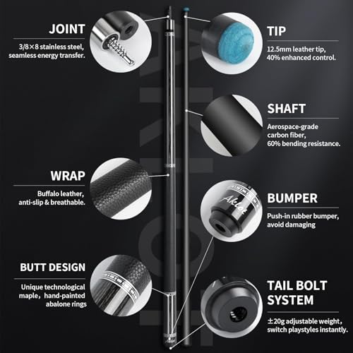 AKLOT Carbon Fiber Pool Cue Stick 58", Billiard Cue Sticks 19-19.5oz, Low Deflection Billiard Stick with 12.5mm Tip, Professional Carbon Fiber Pool Sticks for Adults - color: Patten4
