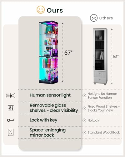 Lvifur Curio Display Cabinet - with Glass Door,5-Tier Glass Display Case with RGB Motion Sensor Light, Lockable Figure Display Case with Removable Glass Shelf for Collectibles,Black - color: Black-rgb Light
